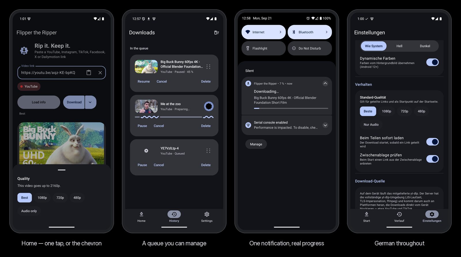 Four screens: the quality sheet on Home, the download queue, the progress notification and the German settings